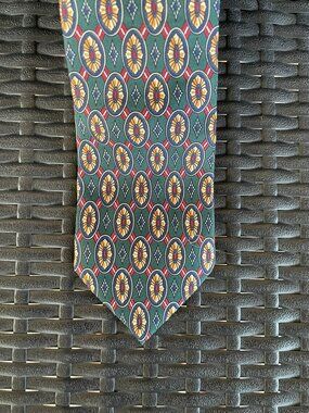 Vintage Lands' End Silk Medallion Geometric Green Gold Men's Necktie
